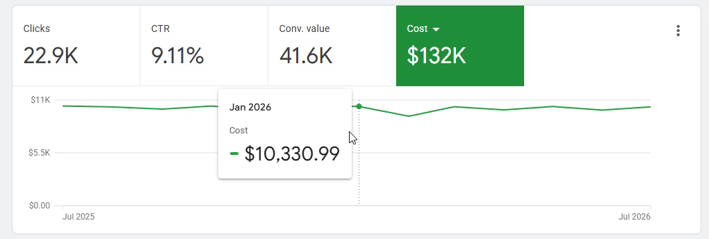 Austin Pets Alive Google Ads account, July 2025 to July 2026