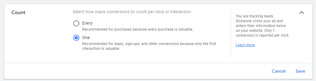 one vs every conversion setting Google Ad grant account example